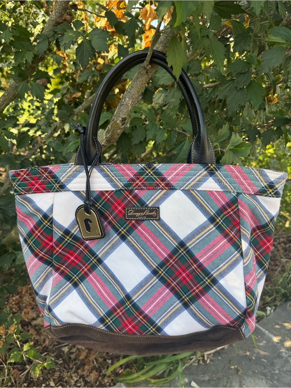 Dooney & Bourke White Tartan, Leather, & Suede Tote Purse
